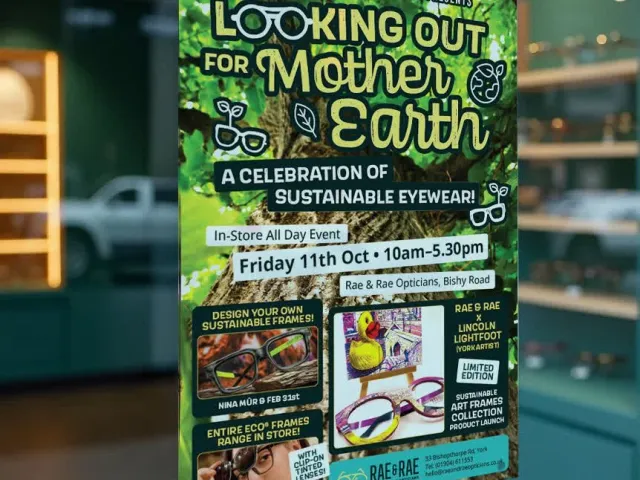 Mother Earth sustainable eyewear event poster displayed in an opticians shop window