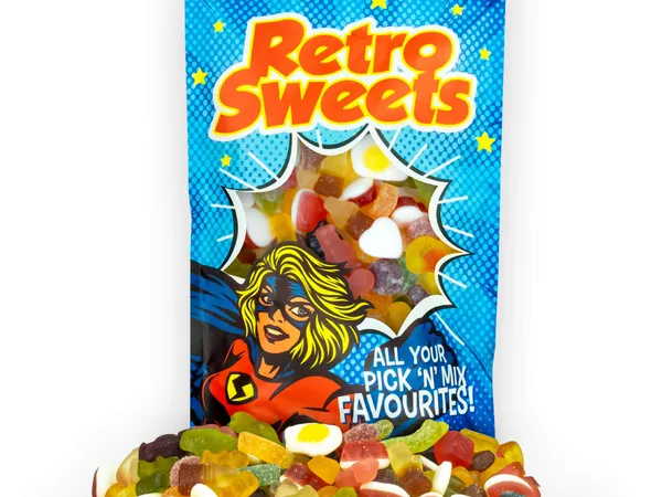 Bold superhero-themed packaging design for a retro sweets pouch sold on Amazon
