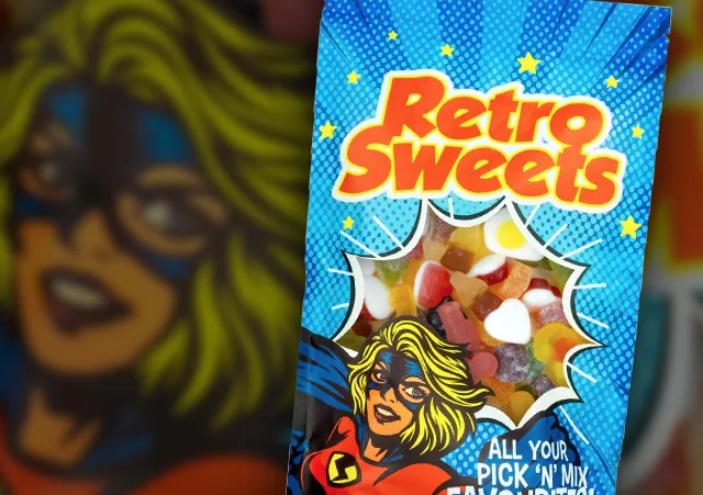 Bold superhero-themed packaging design for a retro sweets pouch sold on Amazon