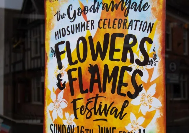 Flowers & Flames midsummer festival poster design displayed in York